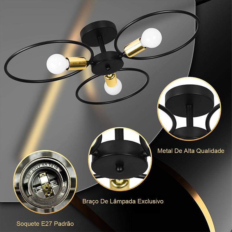 Luminária de teto nórdica em ferro, 1 peça, iluminação criativa e personalizada na cor preta.