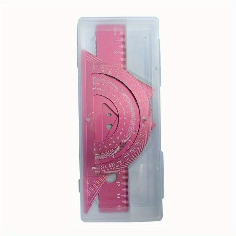 Conjunto de desenho técnico em metal com 4 peças, caixa de armazenamento, conjunto de réguas de medição para estudantes.