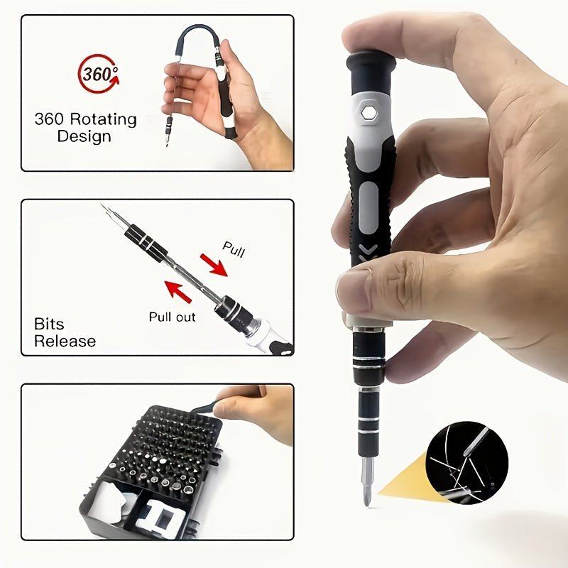 Conjunto de chaves de fenda de precisão com 115 peças, feitas de aço cromo-vanádio, com tratamento de superfície anticorrosivo e cabo antiderrapante.