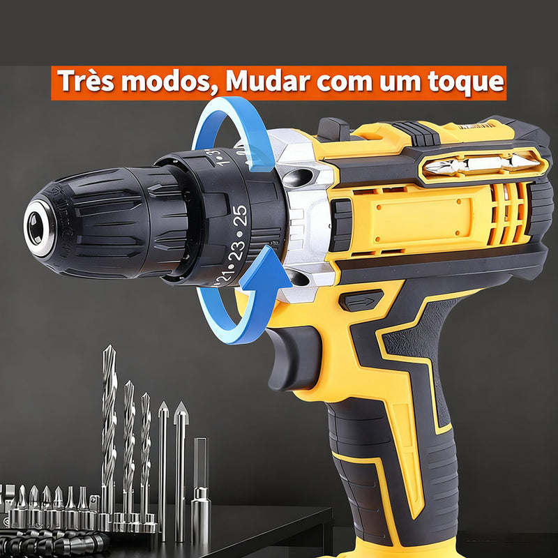 Kit de furadeira de impacto de 48V com carregador, bateria, par de luvas e cinco brocas, ou com carregador, duas baterias, par de luvas e maleta.