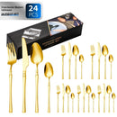 Conjunto de talheres de aço inoxidável com 24 peças: garfo, colher, faca e colher de sopa.