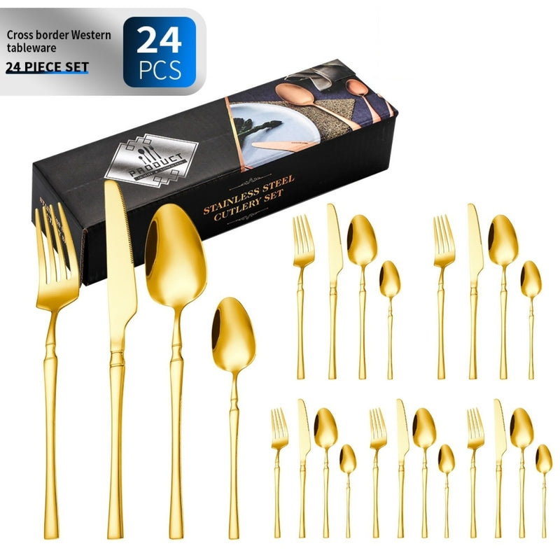 Conjunto de talheres de aço inoxidável com 24 peças: garfo, colher, faca e colher de sopa.