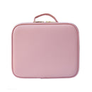 Estojo de maquiagem profissional com espelho, luz LED e organizador USB.