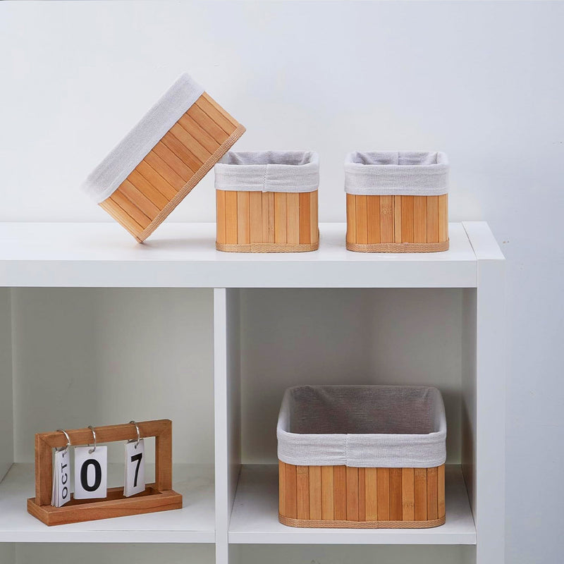 Conjunto de 3 cestos organizadores de bambu com forro para cozinha, banheiro, quarto e maquiagem.