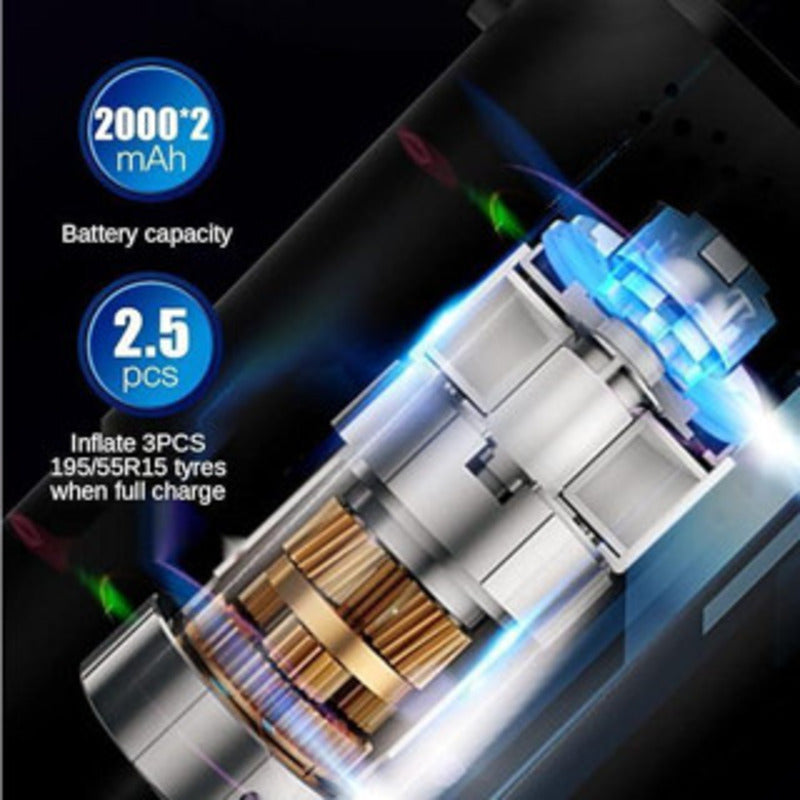 Mini compressor de ar portátil com medidor de pressão de pneus digital USB e bateria recarregável.