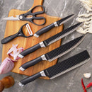 Conjunto de 6 peças para churrasco: faca para carne e legumes, descascador e tesoura profissional.