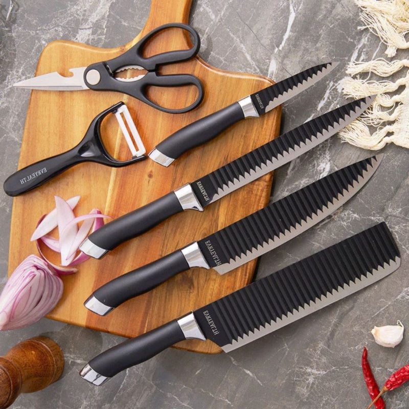 Conjunto de 6 peças para churrasco: faca para carne e legumes, descascador e tesoura profissional.