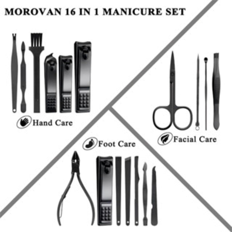 Kit profissional de manicure e pedicure com 16 peças em aço inoxidável.