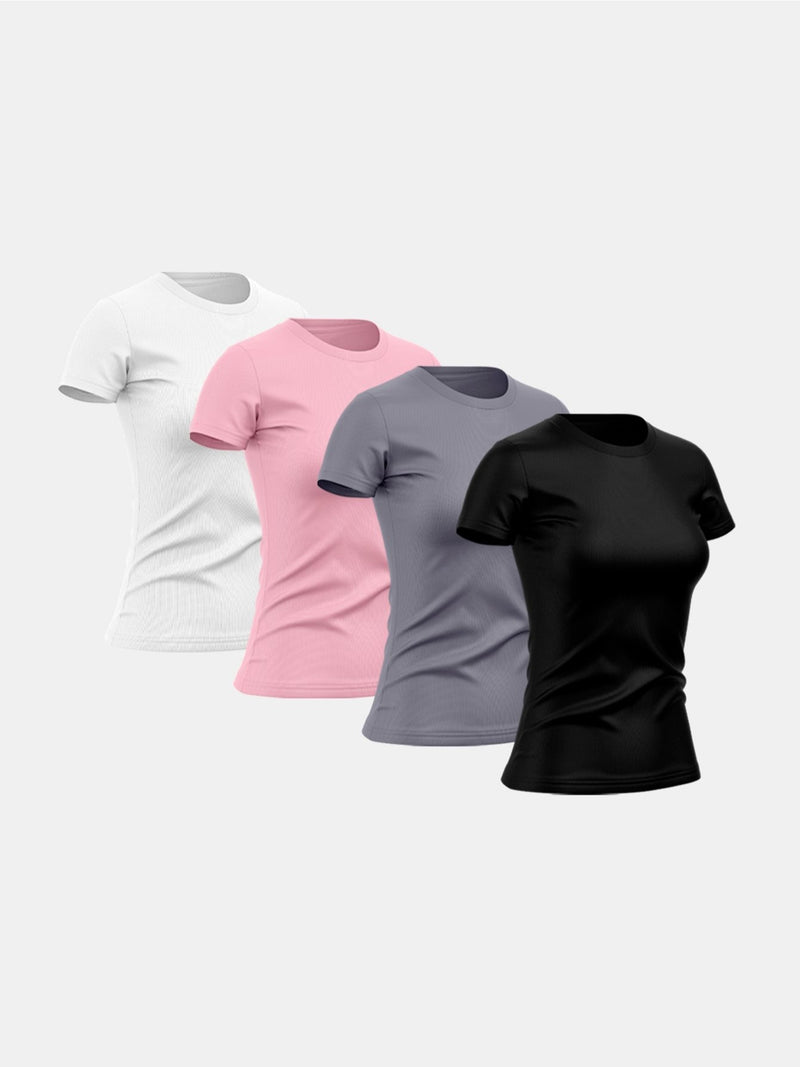 Kit com 4 camisetas femininas básicas lisas com proteção térmica contra o sol.