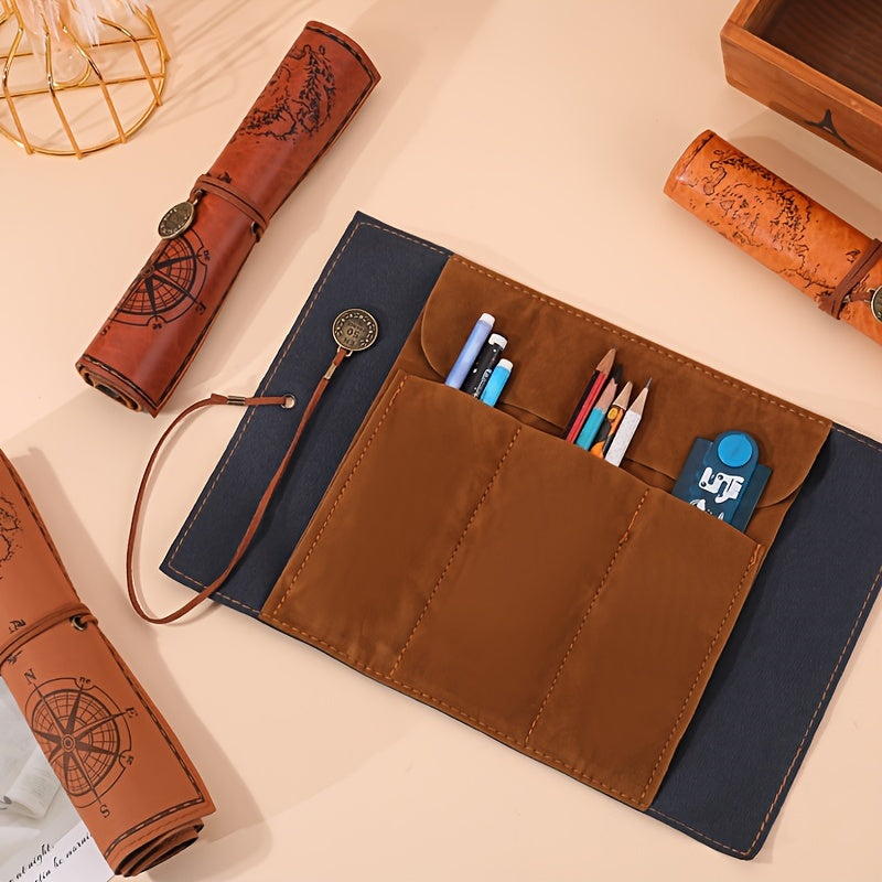 Estojo de lápis vintage em couro PU com bússola náutica, enrolável, porta-canetas de grande capacidade.