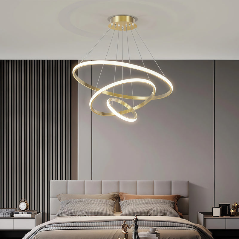 Lustre LED moderno e luxuoso com três anéis, acabamento dourado, semi-embutido, luz brilhante e aconchegante, com interruptor, 110V e 220V