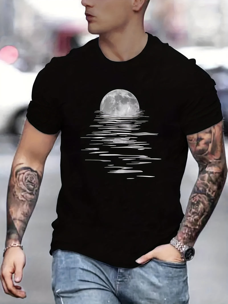 Camiseta masculina estilosa com estampa criativa de lua, gola redonda, manga curta, design artístico com reflexo da lua.