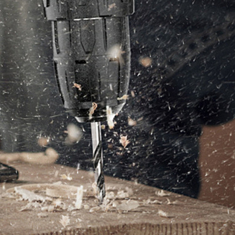 Kit de furadeira de impacto de 48V com carregador, bateria, par de luvas e cinco brocas, ou com carregador, duas baterias, par de luvas e maleta.