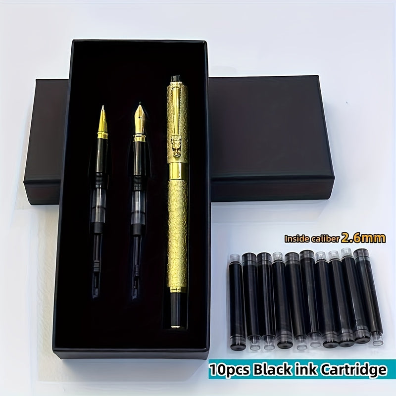 Conjunto de 3 canetas-tinteiro de luxo em metal com 10 tintas pretas.
