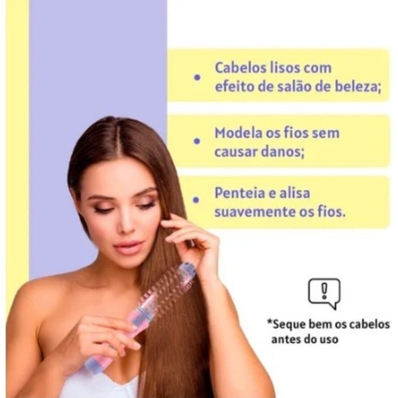 Escova modeladora e chapinha portátil bivolt 2 em 1, prática e eficiente.