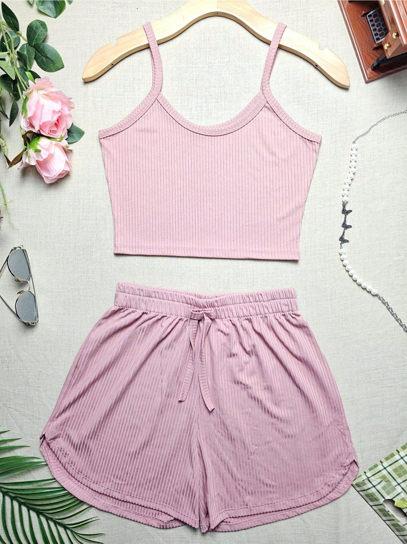 Kit 5 Conjunto Básico de Top Cropped com Regata de Alças Finas + Shorts de Malha Canelada em 5 Cores.