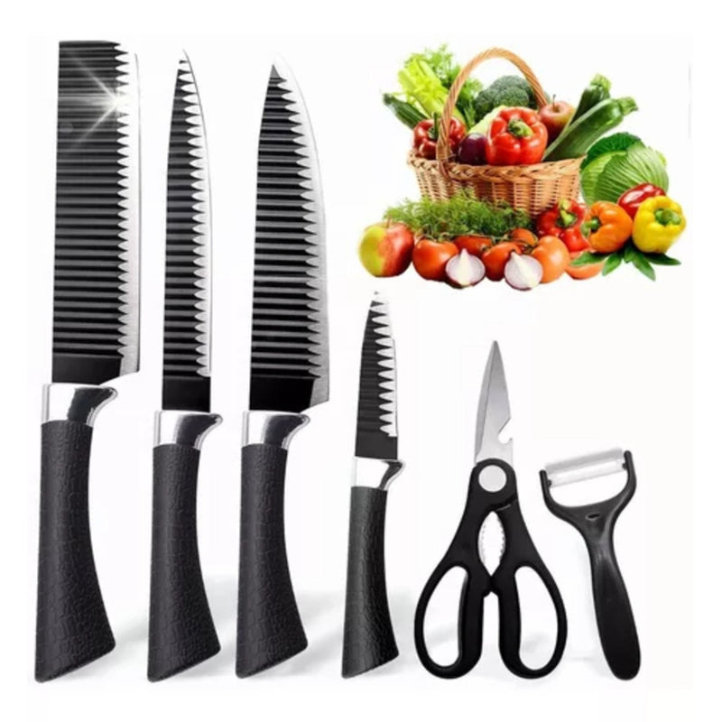 Conjunto de 6 peças para churrasco: faca para carne e legumes, descascador e tesoura profissional.