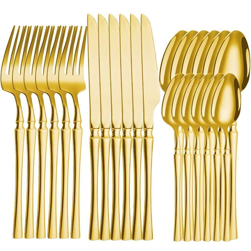 Conjunto de talheres de aço inoxidável com 24 peças: garfo, colher, faca e colher de sopa.