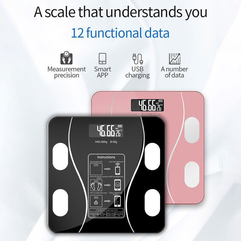 Balança multifuncional, modelo a bateria, que se conecta à internet para consultar o histórico de dados.