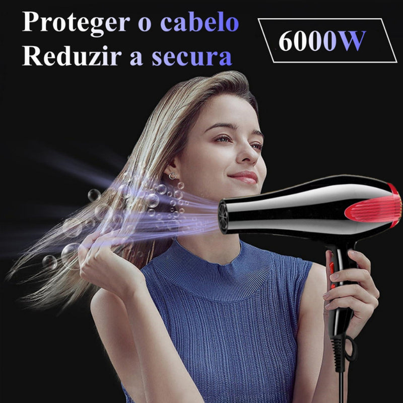 Secador de cabelo profissional 127V 220V 6000W com 2 pentes e 2 bicos, silencioso, íons negativos, proteção contra superaquecimento, alta potência.