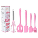 Conjunto de 5 utensílios de cozinha de silicone: escorredor, colher, espátula e pincel pequeno.