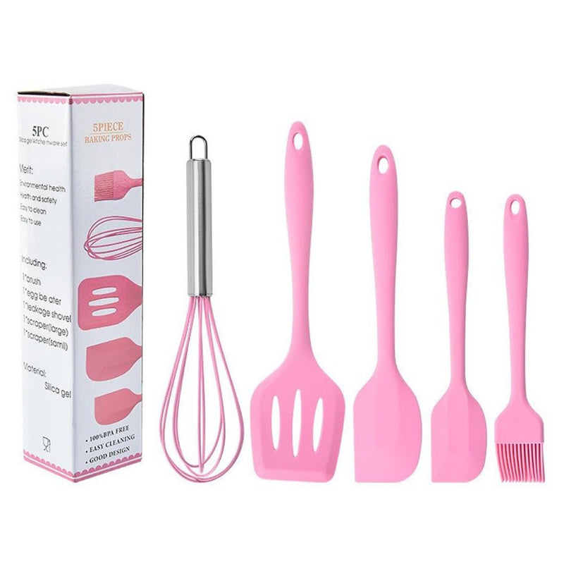 Conjunto de 5 utensílios de cozinha de silicone: escorredor, colher, espátula e pincel pequeno.