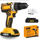 Kit de furadeira de impacto de 48V com carregador, bateria, par de luvas e cinco brocas, ou com carregador, duas baterias, par de luvas e maleta.