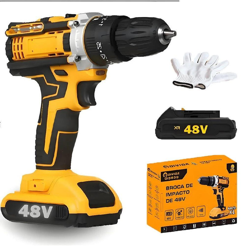 Kit de furadeira de impacto de 48V com carregador, bateria, par de luvas e cinco brocas, ou com carregador, duas baterias, par de luvas e maleta.