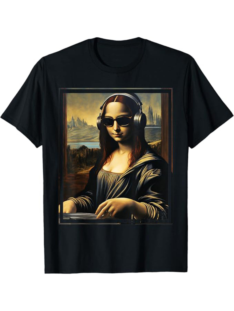 Camiseta masculina com estampa divertida da Mona Lisa.