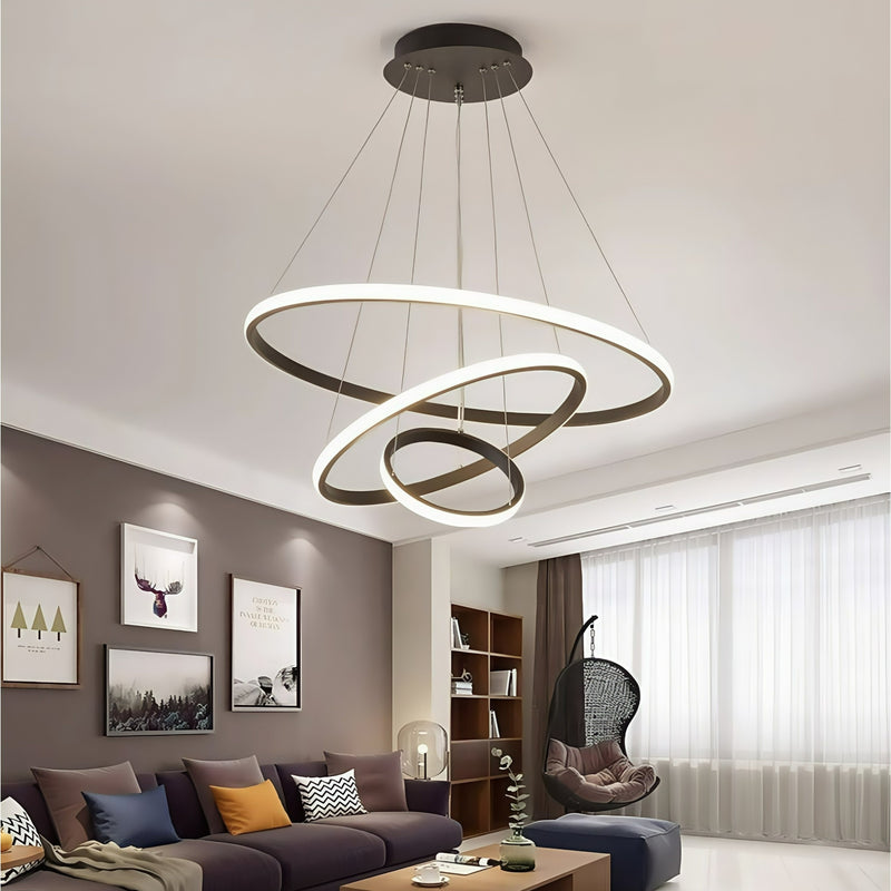Lustre LED moderno e luxuoso com três anéis, acabamento dourado, semi-embutido, luz brilhante e aconchegante, com interruptor, 110V e 220V