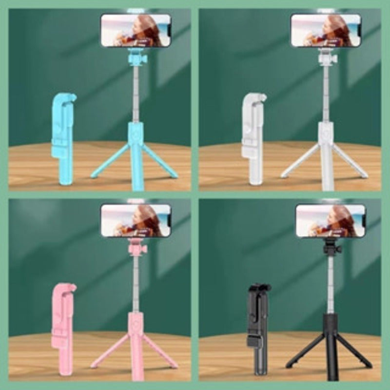 Bastão de selfie com tripé e luz LED retrátil, com controle via Bluetooth para celular.