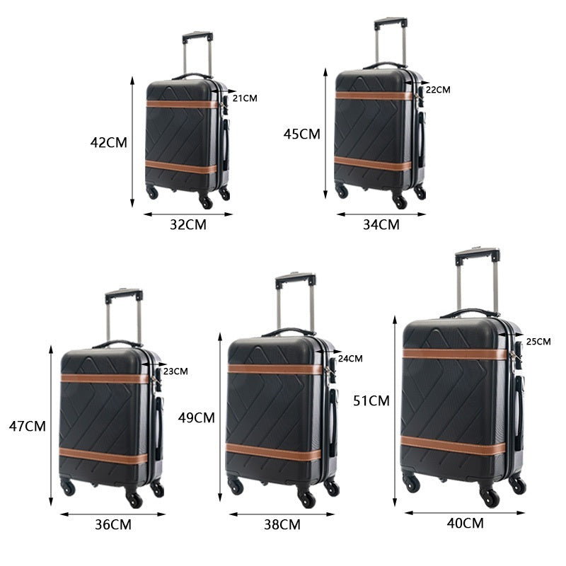 Mala de viagem, Tamanhos 17, 18, 19, 20 e 21 polegadas. Possuem protetores de canto em liga de alumínio resistentes a impactos e trava TSA. Feitas de ABS e fibra de poliéster refinada com superfície lisa.