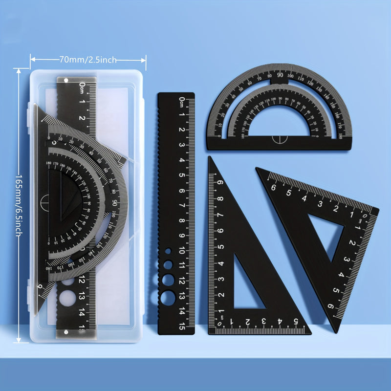 Conjunto de desenho técnico em metal com 4 peças, caixa de armazenamento, conjunto de réguas de medição para estudantes.