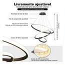 Lustre LED moderno e luxuoso com três anéis, acabamento dourado, semi-embutido, luz brilhante e aconchegante, com interruptor, 110V e 220V