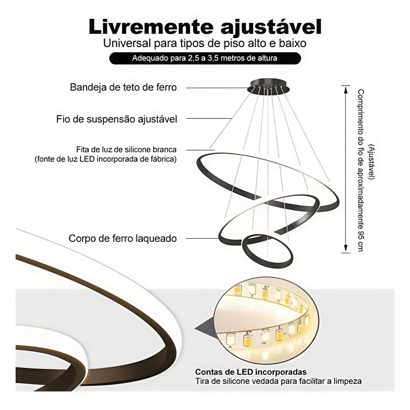 Lustre LED moderno e luxuoso com três anéis, acabamento dourado, semi-embutido, luz brilhante e aconchegante, com interruptor, 110V e 220V