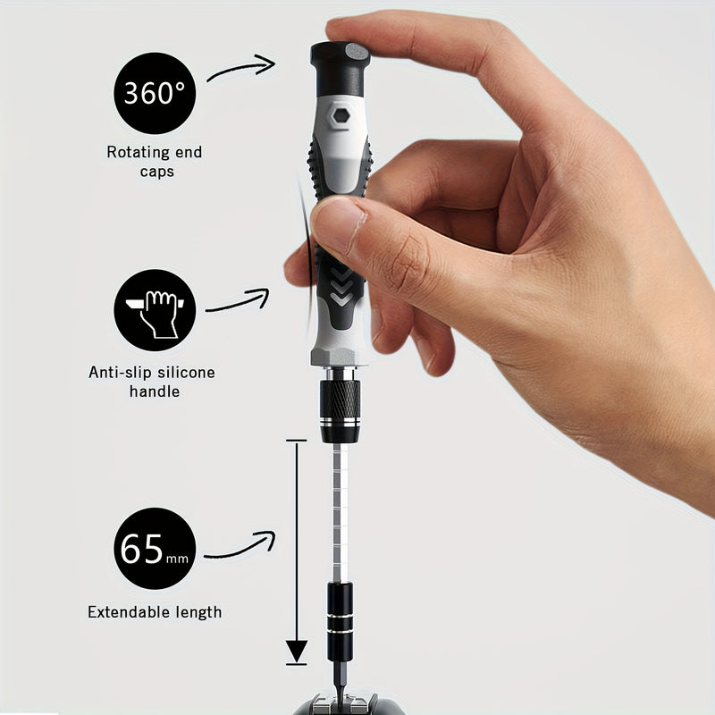 Conjunto de chaves de fenda de precisão com 115 peças, feitas de aço cromo-vanádio, com tratamento de superfície anticorrosivo e cabo antiderrapante.