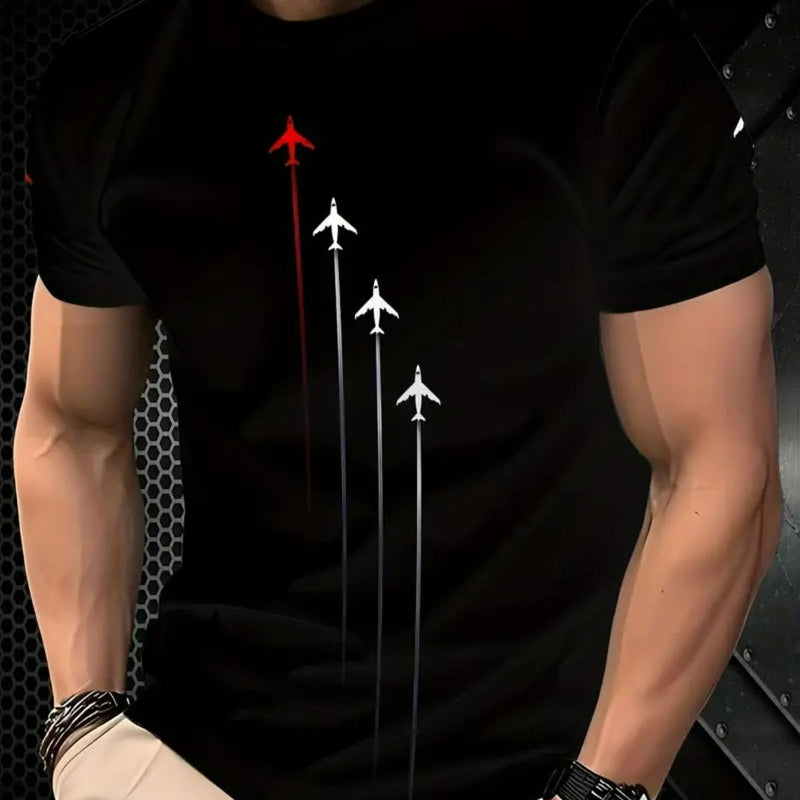 Camiseta masculina 100% algodão - Camiseta minimalista com estampa de avião e gola redonda.