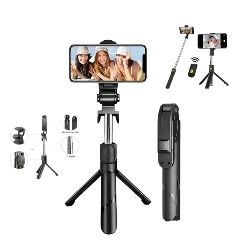 Bastão de selfie com tripé retrátil, luz LED e controle por celular via Bluetooth.