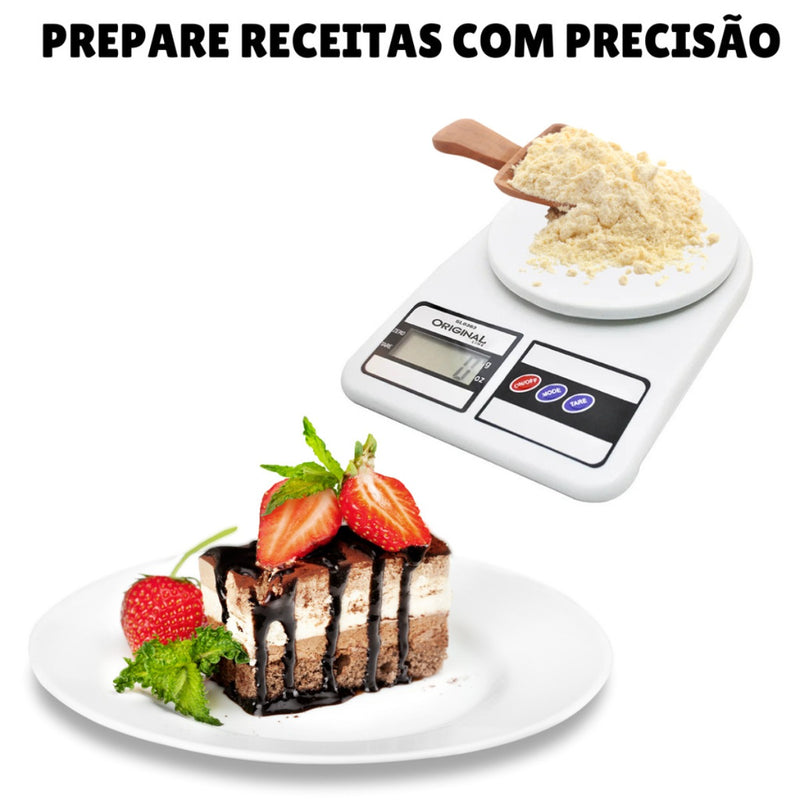 Balança de cozinha digital com capacidade para até 10 kg.