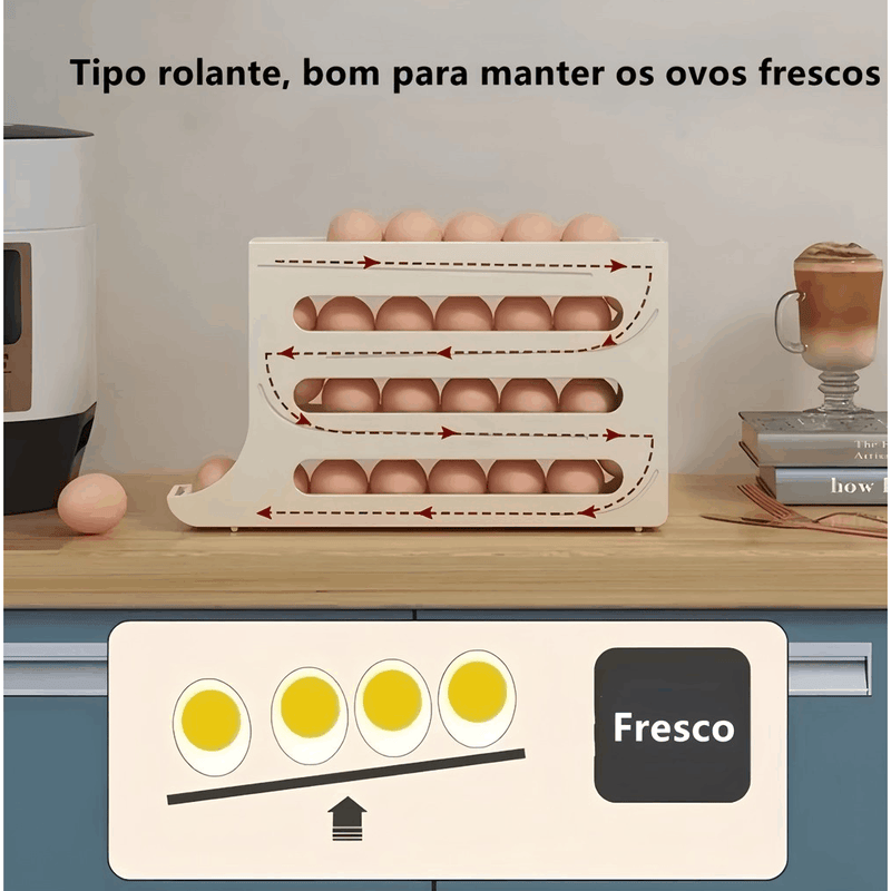 Organizador de ovos de plástico com 4 níveis e rodinhas para geladeira – Capacidade para 20 a 30 ovos