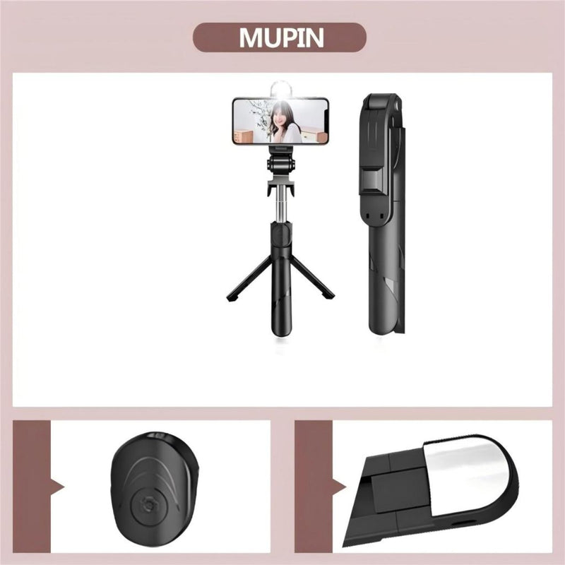 Bastão de selfie com tripé retrátil, luz LED e controle por celular via Bluetooth.