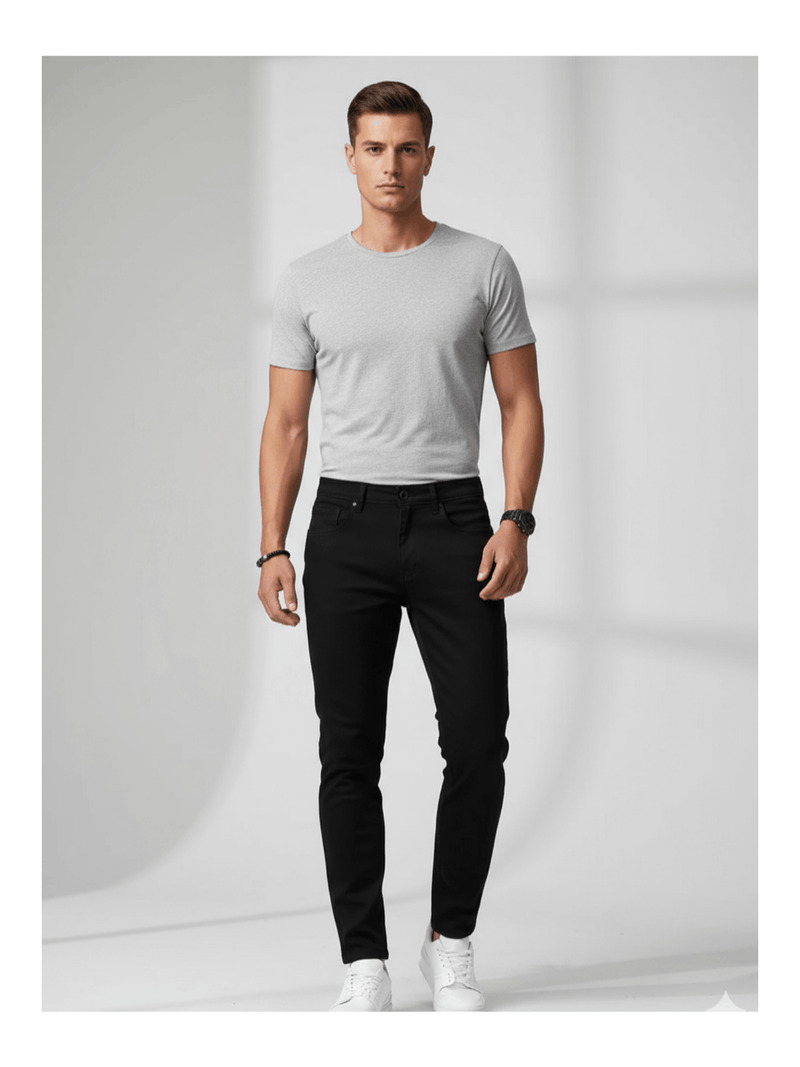 Calça jeans preta masculina, corte slim, casual e básica.