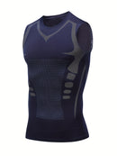 Camiseta regata esportiva masculina de compressão, ideal para basquete, treino e atividades físicas. Possui tecido elástico, ombros largos.