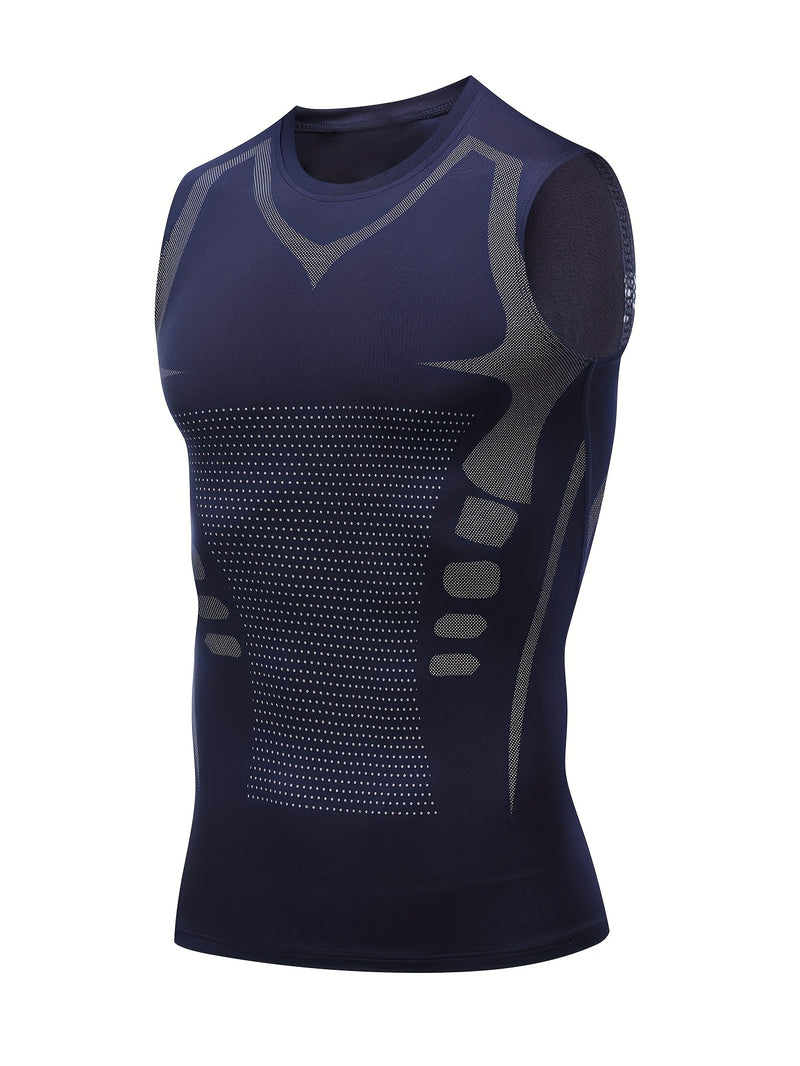 Camiseta regata esportiva masculina de compressão, ideal para basquete, treino e atividades físicas. Possui tecido elástico, ombros largos.