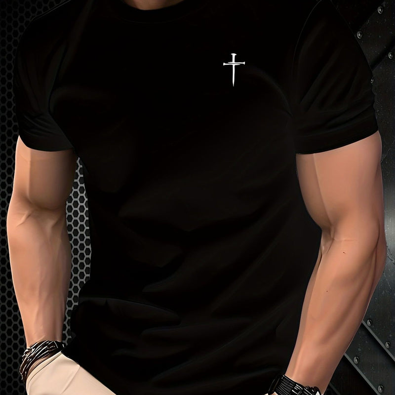 Camiseta masculina básica casual de gola redonda com estampa minimalista de cruz.