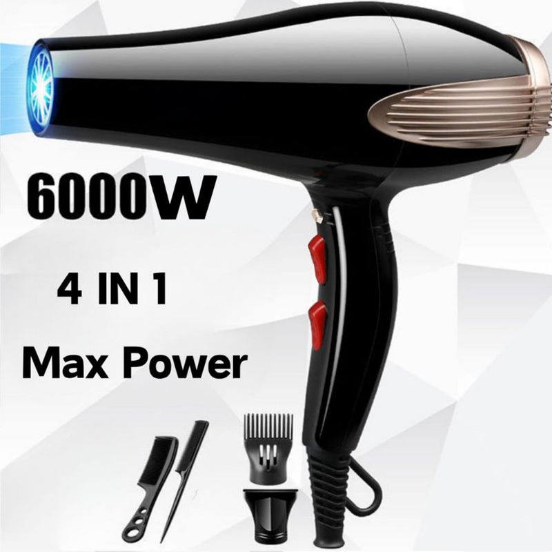 Secador de cabelo profissional 127V 220V 6000W com 2 pentes e 2 bicos, silencioso, íons negativos, proteção contra superaquecimento, alta potência.
