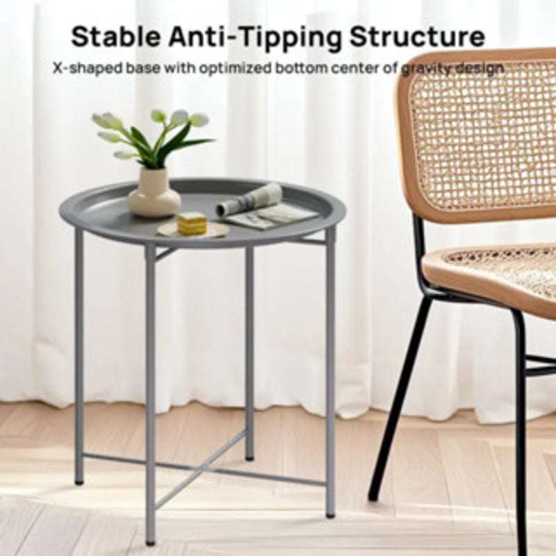 Mesa lateral redonda com bandeja removível, 47x47x50cm, pés de metal, suporte de canto para sala de estar.