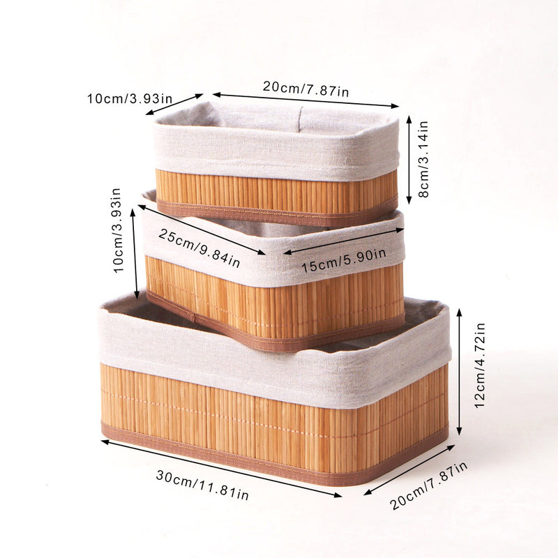 Conjunto de 3 cestos organizadores de bambu com forro para cozinha, banheiro, quarto e maquiagem.