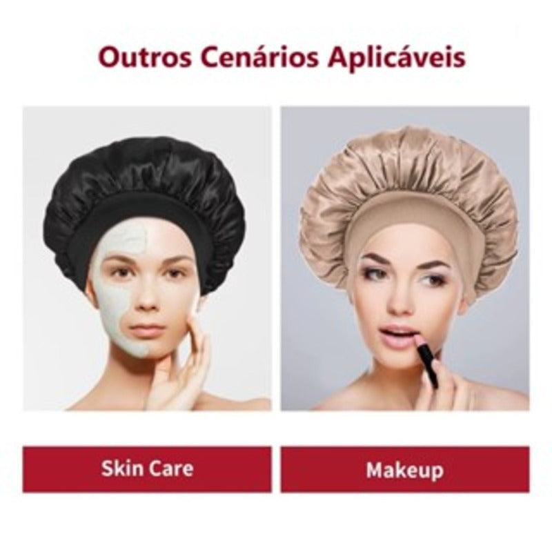 Touca de cetim para dormir com fita larga antifrizz.