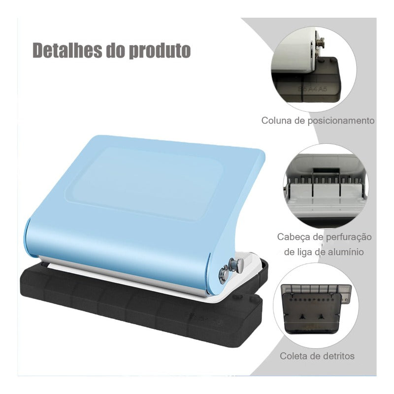 Furadeira de papel compacta e portátil sem furos, com alta precisão e qualidade, ideal para arquivos.